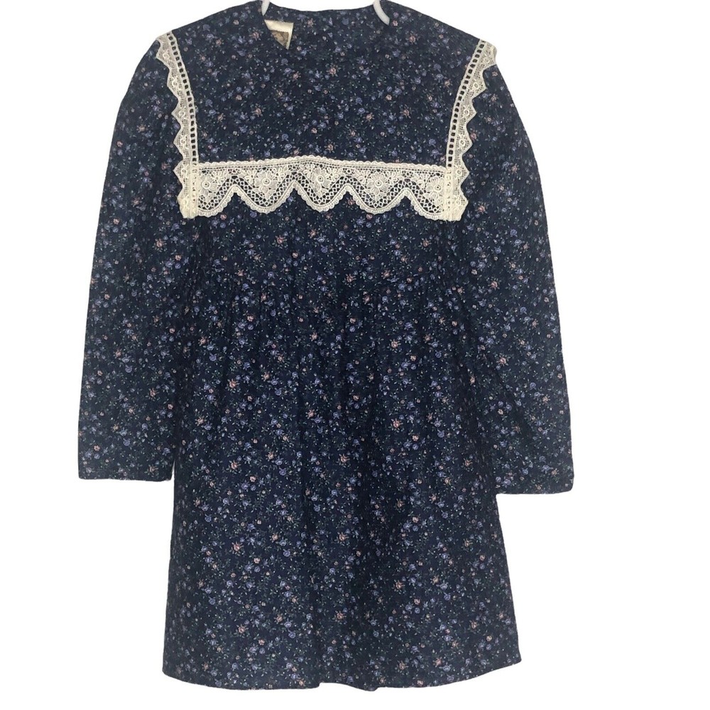 Vintage Gunne Sax Navy Floral Tie Back Cotton Dress Cottagecore